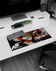Goro Akechi Crow form Persona 5 anime mouse pad, 28x12 inches, with sharp military red, gold trim, and star-patterned shadows.
