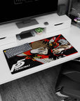 Anime mouse pad 32x16 inches featuring Goro Akechi as Crow from Persona 5, with red and gold accents and star patterns.