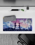 28x12 inches anime mouse pad in pink-violet beams and cool blue streaks, dreamy cosmic romance mood.
