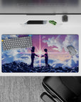32x16 inches anime mouse pad in pink, violet, and cool blue beams, dreamy cosmic romance mood.