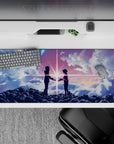 36x16 inches anime desk pad in pink, violet, and blue beams with dreamy cosmic romance mood.