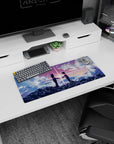 28x12 inches anime mouse pad showing hooded teens facing on cloud ridge, hands near a radiant starburst.