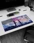 32x16 inches anime mouse pad showing hooded teens face to face on cloud ridge, radiant light snap.