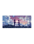 28x12 inches anime mouse pad with two silhouetted teens reaching on ink-dark clouds and starburst light.