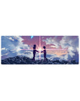 32x12 inches anime mouse pad with silhouetted teens on ink-dark clouds and a radiant starburst between them.