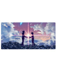 32x16 inches anime mouse pad with two silhouetted teens reaching on ink-dark clouds, starburst between.