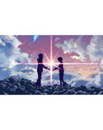 40x20 inches anime desk pad with two teens on dark clouds, starburst between hands, sunset beams.