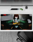 32x16 inches anime girl mouse pad in smoky teal, muted red, and soft shadows with a wistful lab mood.