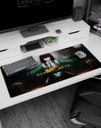 Kurisu Makise anime desk pad 36x16 inches, seated with folded arms, violet eyes, shirt and red tie.