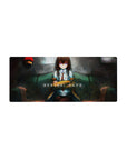 Anime girl mouse pad 28x12 inches with lab coat beauty on teal sofa in a moody late-night room.