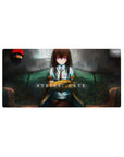 Anime girl mouse pad 32x16 inches with lab coat beauty on teal sofa in a moody late-night room.