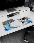 Artistic 32x12 inches mouse pad showcasing Tanjiro Kamado’s Water Breathing technique, perfect for adding dynamic energy to your desk setup.