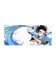 Mouse pad featuring Tanjiro Kamado’s Water Breathing technique, 28x12 inches, with dynamic blue strokes and intense power.