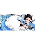 Demon Slayer desk pad with Tanjiro Kamado’s Water Breathing technique, 36x16 inches, capturing the intensity and precision of his attack.