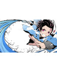 Desk pad featuring Tanjiro Kamado’s Water Breathing technique, 40x20 inches, with bold blue strokes and fierce determination, capturing the energy of his attack.