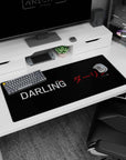 Artistic 36x16 inches mouse pad featuring Zero Two design, with red and white typography on a sleek black background for a functional, stylish vibe.