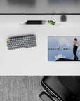 Sky-blue clouds anime girl mouse pad 14x10 inches with minimalist black outfit contrast, calm cyber mood.