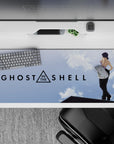 36x16 inches anime desk pad in sky-soft blues and drifting clouds, minimalist and cozy cyberpunk vibe.
