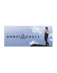Ghost in the Shell anime girl mouse pad 28x12 inches with rooftop pose, bold sci-fi lettering, clean lines.