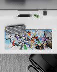 Bright blue Gintama desk pad 28x12 inches, playful and nostalgic with clouds and colorful outfits.