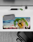 28x12 inches anime girl mouse pad in lime green hair and soft pink-gold sunset tones, cozy feel-good vibe.