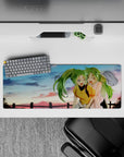 Anime girl mouse pad 32x12 inches in lime green, soft pink and gold tones, cozy feel-good desk mat.
