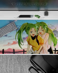 40x20 inches anime desk pad in lime green and soft pink-gold sunset tones, cozy feel-good vibe.