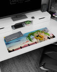 Anime girl mouse pad 32x12 inches showing two green-haired girls giggling by a fence under a pink sky.