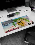 32x16 inches anime girl mouse pad showing twin ponytails and a playful wink at sunset over a quiet fence.