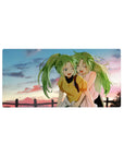 32x16 inches anime girl mouse pad with two green-haired besties giggling at sunset by a fence line.