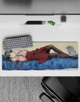 32x12 inches kawaii anime mouse pad in warm cream, pink frills, maroon skirt, black diamond tights.