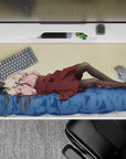 Cozy pastel anime desk pad 40x20 inches in cream, blue, pink frills and maroon accents, calm vibe.