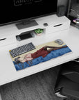 28x12 inches anime girl mouse pad showing silver-haired girl reclining on blue sheets with sparkling eyes.