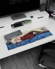 32x12 inches extended mouse pad showing a silver-haired anime girl lounging on bed, sparkling eyes.