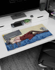 32x16 inches desk mouse pad featuring a silver-haired anime girl in pink frills, maroon skirt, black tights.
