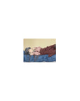 Classic anime girl mouse pad 14x10 inches, silver-haired girl lounging on rumpled blue bed.