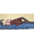 36x16 inches anime girl desk pad with silver-haired girl on rumpled blue bed, frills and tights.