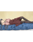 Anime girl desk pad 40x20 inches with silver-haired anime girl on rumpled blue bed, cute style.