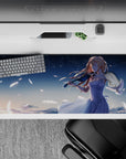 Calm navy-and-pale-blue anime desk pad 36x16 inches with moonlit glow and dreamy, magical vibe.