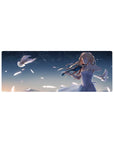 Anime girl violinist desk mouse pad 32x12 inches with doves, petals, and starry night sky.