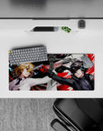 Persona 5 Royal mouse pad features Joker and Akechi in a tense standoff, sized 28x12 inches. Perfect for anime fans.
