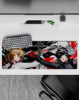 Anime mouse pad 32x12 inches featuring Persona 5 Royal's Joker and Akechi in a dynamic standoff with vivid colors.
