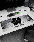 Anime mouse pad 36x16 inches with Black Clover's five-leaf grimoire, featuring a bold, moody, cursed aesthetic.