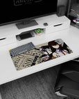 Anime lab girl with long auburn hair, white shirt and red tie staring forward on mouse pad 28x12 inches.