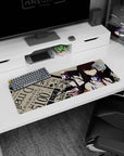 Blue-eyed anime girl with auburn hair in white shirt and red tie mouse pad 32x12 inches.