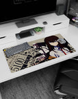 Anime girl with long auburn hair, blue eyes, white shirt and red tie on mouse pad 32x16 inches.
