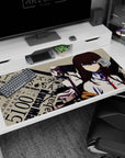 Anime girl in white shirt and red tie desk pad 40x20 inches, auburn hair, blue-eyed stare on beige.