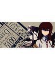 Steins;Gate anime girl desk pad 36x16 inches with splatter graphic, typography, and lab-style poster design.