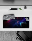 Indigo-violet gradient mouse pad 28x12 inches, calm dreamy sci-fi mood with inky blacks and stars.