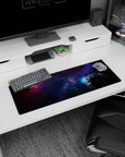 Space scene mouse pad with glowing blue planet and warm shadowed planet over a starfield, 32x12 inches.